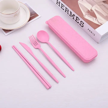 Reusable Travel Utensils with Case, 4 Sets Wheat Straw Portable Cutlery Set Chopsticks Knives Fork and Spoon for Lunch Box Accessories, Camping...